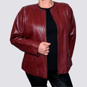 Burgundy Genuine Leather Jacket Collarless Zip Front Plus Size 1X XL Old Money